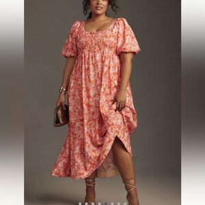 Anthropologie Short Sleeve Smocked Babydoll Midi Dress